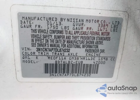 2013 Nissan Versa 1.6 Sv z USA, uszkodzony, nr VIN 3N1CN7AP7DL874232